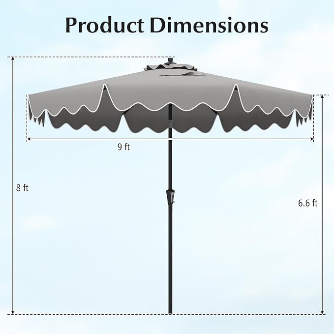 Tangkula 9Ft Patio Umbrella with Crank, 2-Tier Outdoor Umbrella with Push Button Tilt, Sun-Protective Canopy, 8 Ribs, Scalloped Patio Umbrella for Outdoor Beach Deck Pool Table (Gray)