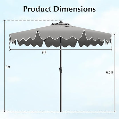 Tangkula 9Ft Patio Umbrella with Crank, 2-Tier Outdoor Umbrella with Push Button Tilt, Sun-Protective Canopy, 8 Ribs, Scalloped Patio Umbrella for Outdoor Beach Deck Pool Table (Gray)