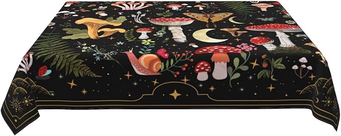 Mushroom Tablecloth Washable Waterproof Moth Gothic Witchy Table Cover for Kitchen Dining Room Picnic Party BBQ Wedding, Rectangle 54x72 Inch Black Table Cloth