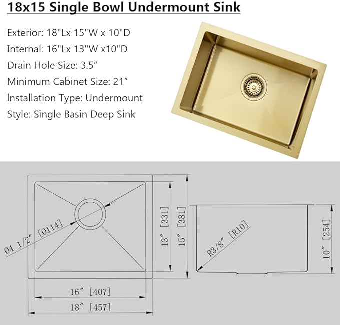 Undermount Bar Sink Gold, Jshozzy 18 x 15 inch Wet Bar Sink Undermount Stainless Steel 16 Gauge Deep RV Single Bowl Small Kitchen Sink