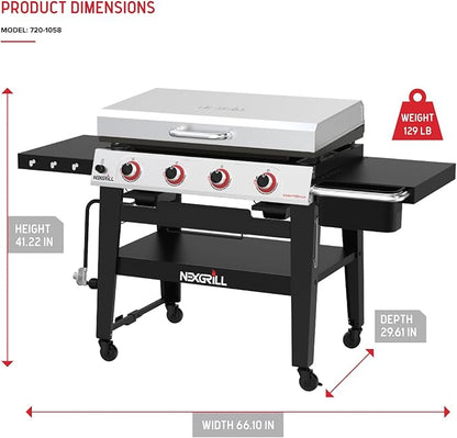 Nexgrill Daytona 4-Burner Propane Gas Griddle with Side Tables, 60000 BTU Flat Top Grill, 756 SQ In. Hot-Rolled Steel Cooking Space, Outdoor Cooking Barbeque, Black with Stainless Steel Lid - 720-1058