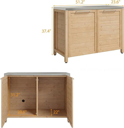 MOUMON Patio Kitchen Storage Cabinet with Stainless Steel Countertop, Solid Cedar Patio Prep Table for Grilling, Outdoor Cooking Station, Oak 51.2”W x 23.6”D x 37.4”H