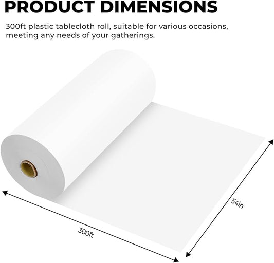 54 Inch X 300 Feet Plastic Table Cover Roll Premium Disposable Plastic Tablecloth for All Type/Shape Tables | Picnic, Party, Banquet, Birthdays, Weddings (White, 54 Inch X 300 Feet)
