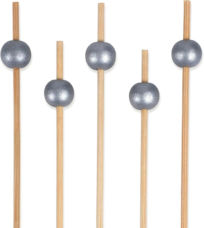BambooMN Decorative Ball End Cocktail Fruit Sandwich Picks Skewers for Catered Events, Holiday's, Restaurants or Buffets Party Supplies - 3.9" Silver, 100 Pcs