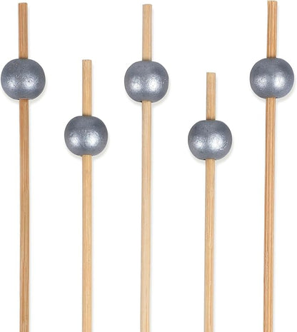 BambooMN Decorative Ball End Cocktail Fruit Sandwich Picks Skewers for Catered Events, Holiday's, Restaurants or Buffets Party Supplies - 3.9" Silver, 100 Pcs