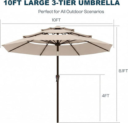 10ft Patio Umbrella, 3 Tier Outdoor Market Table Umbrellas with 8 Fiberglass Ribs and Push Button Tilt, Windproof, Vented Canopy, UV Protection for Deck, Pool, Backyard