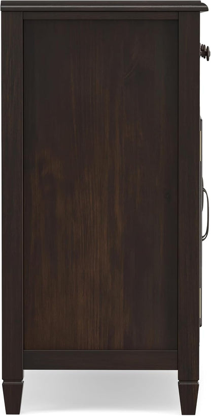 SIMPLIHOME Connaught 67" Sideboard Cabinet in Dark Chestnut Brown | Traditional 4-door dining room buffet with 2 drawers and adjustable shelves for organized kitchen or living room storage.
