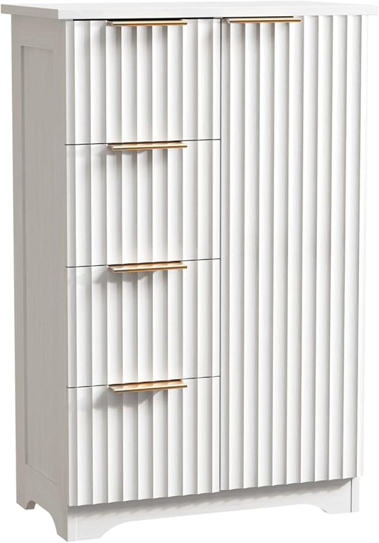 VINGLI Fluted Sideboard Buffet Cabinet, Modern White Wood Storage Console with Doors and Drawers, Multi-Function Storage Cabinet for Living Room, Dining Room, Kitchen, White