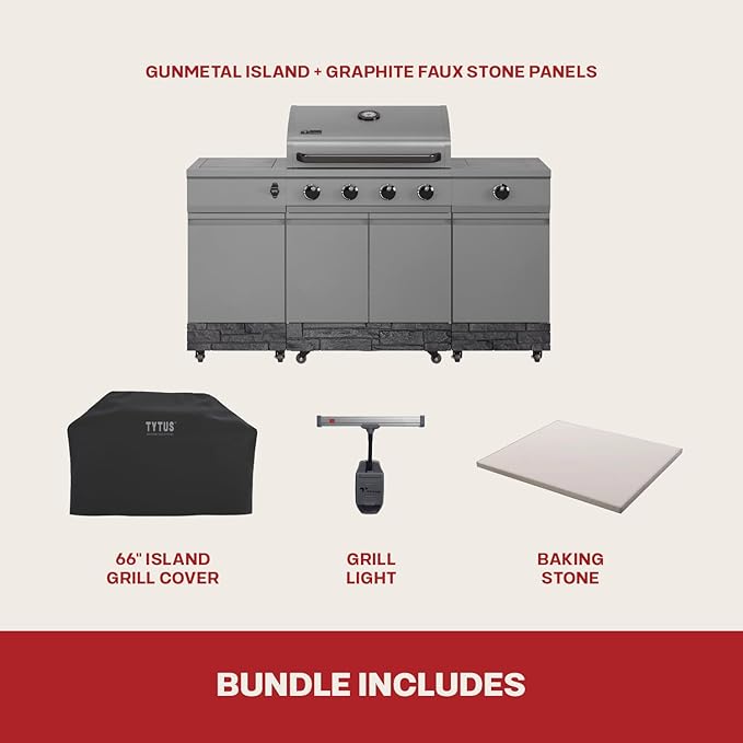 Tytus Fresno 5-Burner Propane or Natural Gas Island Grill – 864 sq. in. Cooking, 48,000 BTU Main + 12,000 BTU Side Burner, Porcelain Grates, Storage Cabinets, Semi-Portable - GM/Graphite Deluxe Kit
