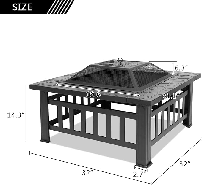 32 Inch Heavy Duty Metal Square Patio Firepit Table BBQ Garden Stove with Spark Screen Cover Log Grate and Poker for Outside Wood Burning and Drink Cooling