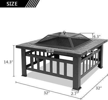 32 Inch Heavy Duty Metal Square Patio Firepit Table BBQ Garden Stove with Spark Screen Cover Log Grate and Poker for Outside Wood Burning and Drink Cooling