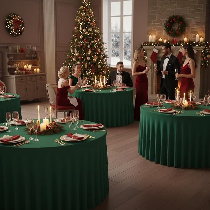 6 Pack Hunter Green Spandex Table Covers for Christmas, 60 Inch Round | Spandex Table Skirts, For 5 Ft Bridal Shower Cake Table, Ruffle Design Banquets, Baby Showers, Parties, Wrinkle Resistant