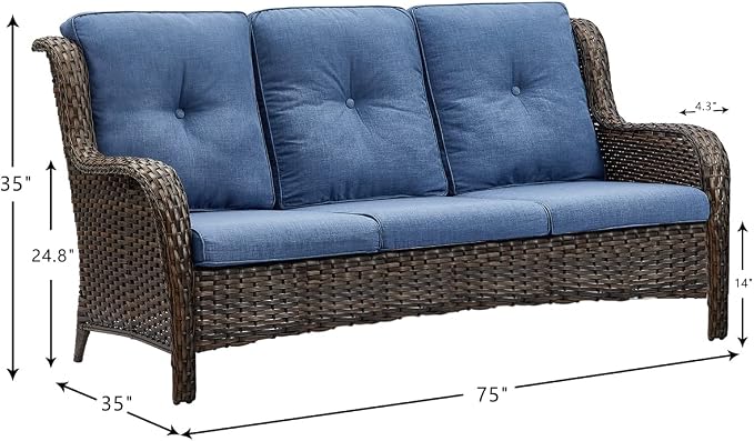 Rilyson Outdoor Patio Wicker Sofa, 900Lbs Weight Capacity Large 3 Seater Wicker Patio Couch with 4in Seat Cushions and Deep Seating, All Weather for Backyard, Garden, Poolside (Brown/Blue)