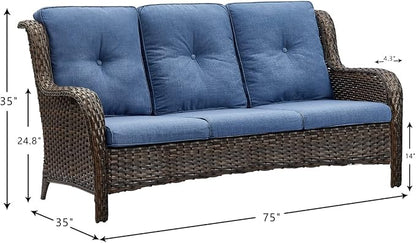 Rilyson Outdoor Patio Wicker Sofa, 900Lbs Weight Capacity Large 3 Seater Wicker Patio Couch with 4in Seat Cushions and Deep Seating, All Weather for Backyard, Garden, Poolside (Brown/Blue)