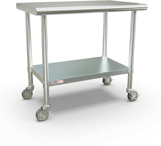 Stainless Steel Table with Wheels 36x24 Inches 3ft for Prep & Work | Heavy Duty Metal Workbench with Casters for Commercial Kitchen Restaurant Laundry Garage Home Hotel Workshop Chef Homemaker