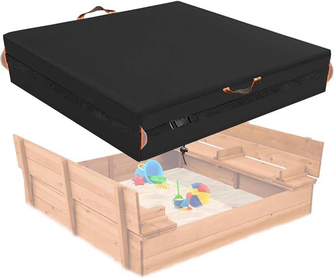 Square Sandbox Cover, Made 600D Heavy Duty for Children's Sandbox Protection Kids Outdoor Sand Boxes Sandpit,with Two Reflective Handles,5 Metre Drawstring and snap（47.2" L x 47.2" W x 8" H）