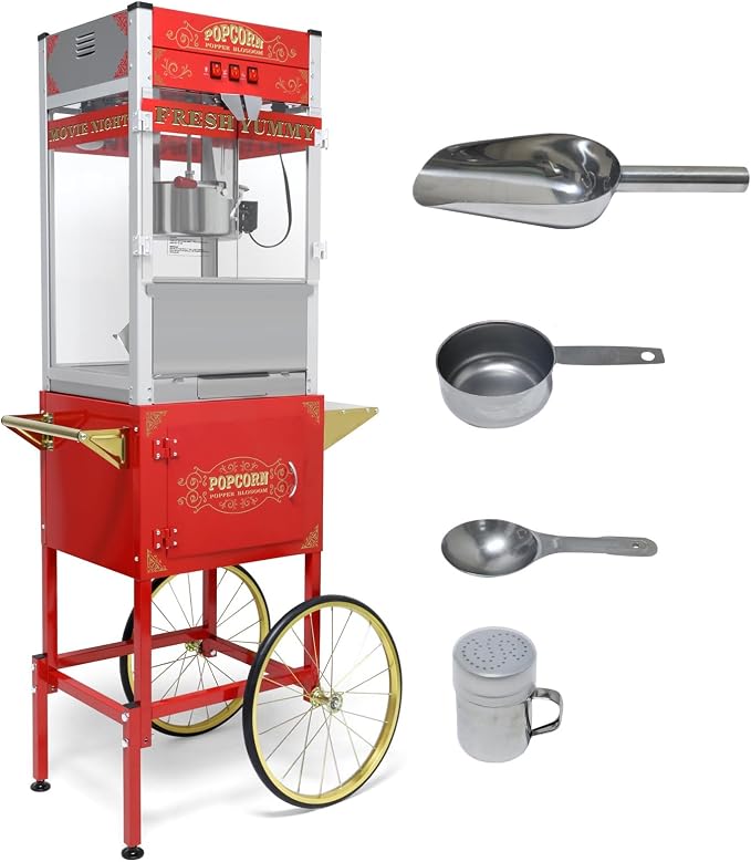 20 Oz Popcorn Machine with Cart, Vintage Movie Theater Style Pop Corn Popper with 16" Bicycle-Style Wheels & a Cabinet for Home Theater, Parties, Events, Red