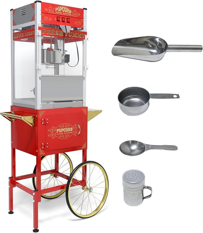 20 Oz Popcorn Machine with Cart, Vintage Movie Theater Style Pop Corn Popper with 16" Bicycle-Style Wheels & a Cabinet for Home Theater, Parties, Events, Red