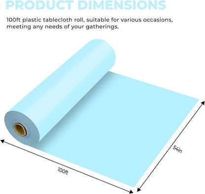 54 Inch X 100 Feet Plastic Table Cover Roll Premium Disposable Plastic Tablecloth for All Type/Shape Tables | Picnic, Party, Banquet, Birthdays, Weddings (Light Blue, 54 Inch X 100 Feet)