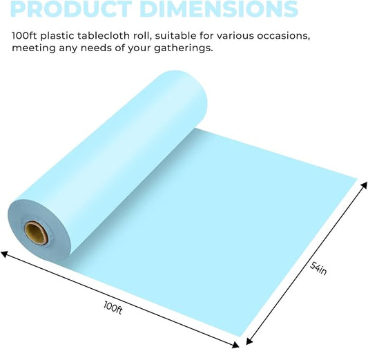 54 Inch X 100 Feet Plastic Table Cover Roll Premium Disposable Plastic Tablecloth for All Type/Shape Tables | Picnic, Party, Banquet, Birthdays, Weddings (Light Blue, 54 Inch X 100 Feet)