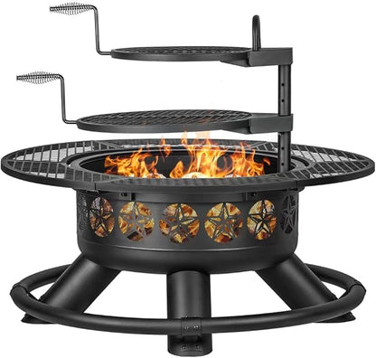 Verdeluxe 47 Inch Outdoor Fire Pit with 2 Grills, Extra Large BBQ Firepits for Outside, Metal Round Fire pits with Lid&Fire Poker,3 in 1 Wood Burning Outdoor Fireplaces for Backyard,Patio,Bonfire