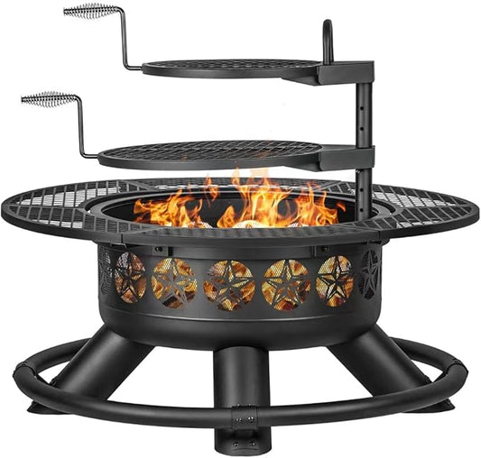 Verdeluxe 47 Inch Outdoor Fire Pit with 2 Grills, Extra Large BBQ Firepits for Outside, Metal Round Fire pits with Lid&Fire Poker,3 in 1 Wood Burning Outdoor Fireplaces for Backyard,Patio,Bonfire
