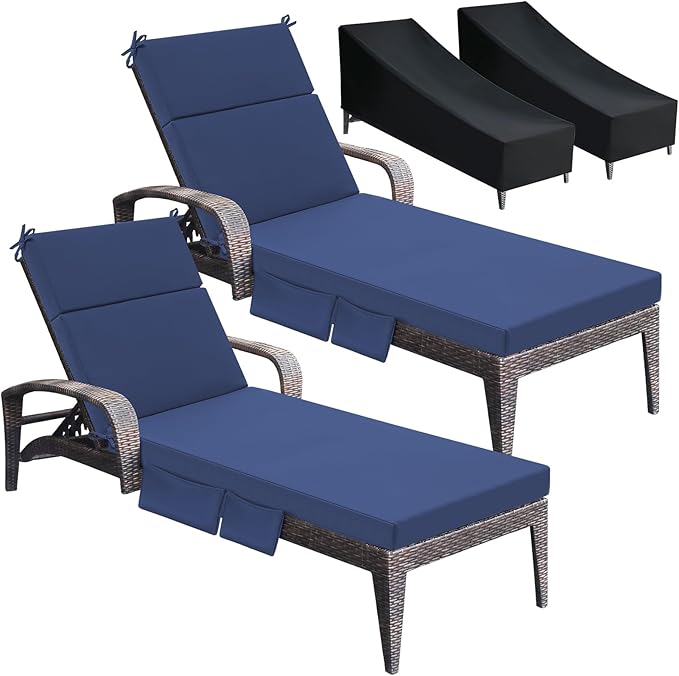 Patelai 2 Set Outdoor Chaise Lounge Cushions with Chair Covers, 70 x 21 x 3 Inch Waterproof Sun and Fade Resistant Thick Replacement Lounge Chair Cushions with Pockets for Patio Poolside (Blue)