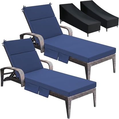 Patelai 2 Set Outdoor Chaise Lounge Cushions with Chair Covers, 70 x 21 x 3 Inch Waterproof Sun and Fade Resistant Thick Replacement Lounge Chair Cushions with Pockets for Patio Poolside (Blue)