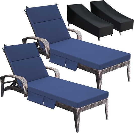 Patelai 2 Set Outdoor Chaise Lounge Cushions with Chair Covers, 70 x 21 x 3 Inch Waterproof Sun and Fade Resistant Thick Replacement Lounge Chair Cushions with Pockets for Patio Poolside (Blue)
