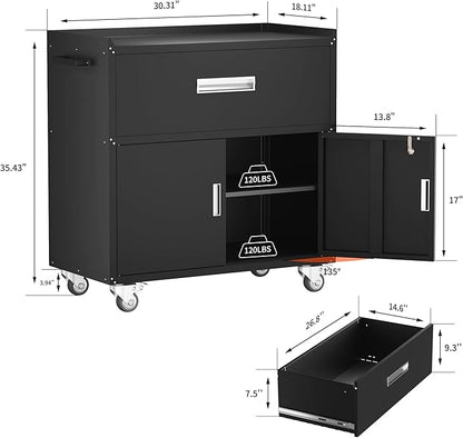 LCAOPC Metal Garage Storage Cabinet with Wheels, Lockable Rolling Tool Chest with Wheels, Tool Cabinet on Wheels, Metal Rolling Utility Cabinet for Home, Office, Garage and Workshop, Black