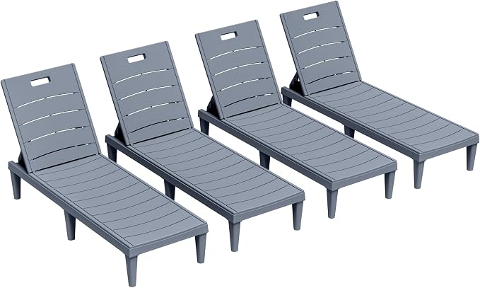 Greesum 4-Pack Adjustable Chaise Loungers, Gray | 5-Pos Recline, Waterproof PP, UV/Fade-Resist, Stackable, Easy-Clean, Patio/Pool/Beach, Tool-Free