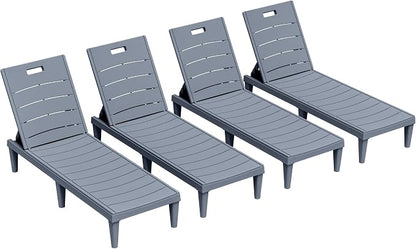 Greesum 4-Pack Adjustable Chaise Loungers, Gray | 5-Pos Recline, Waterproof PP, UV/Fade-Resist, Stackable, Easy-Clean, Patio/Pool/Beach, Tool-Free