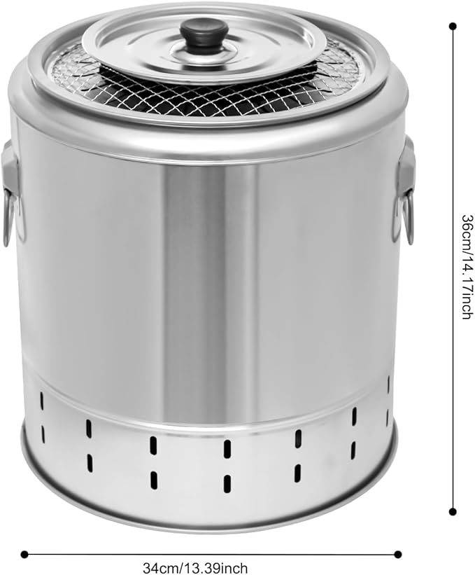 Portable Smokeless Barbecue Charcoal Barrel Grill, Stainless Steel Surround Charcoal kebab Grill with 20 Skewers and BBQ Grill Cooking Grate