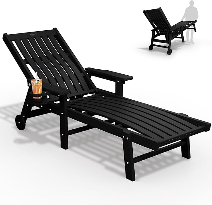 THOEOE Patio Chaise Lounge Chair, Oversized Lounge Chair Outdoor with 5 Positions, 78″ Long, HDPE, Patio Lounge Chair with Wheels & Cup Holder for Pool, Deck, Poolside,Black
