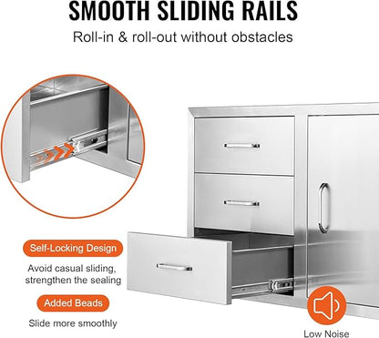 Vevor Outdoor Kitchen Door Drawer Combo 38.1''W x 22.6''H x 20.8''D, BBQ Access Door/Triple Drawers Combo with Stainless Steel Handles, Perfect for BBQ Island Patio Grill Station