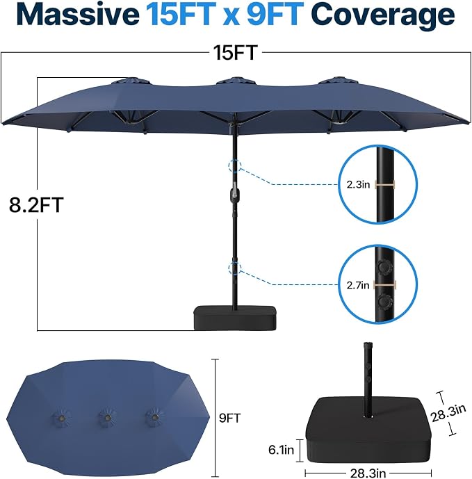Suteck 15FT Patio Umbrella with Base Included, Dark Blue | Double-Sided, Crank Handle, UV & Fade Resistant Canopy, Poolside, Backyard, Deck, Market