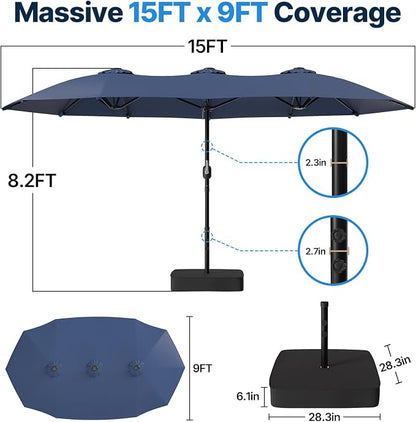Suteck 15FT Patio Umbrella with Base Included, Dark Blue | Double-Sided, Crank Handle, UV & Fade Resistant Canopy, Poolside, Backyard, Deck, Market
