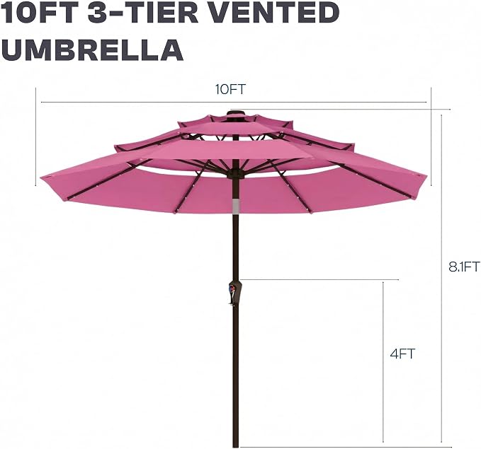 10ft 3 Tier Patio Umbrella, Outdoor Market Table Umbrella with UPF 50+ Vented Canopy, 8 Sturdy Ribs, Easy Push Button Tilt and Crank, Windproof for Deck, Pool, Backyard and Garden
