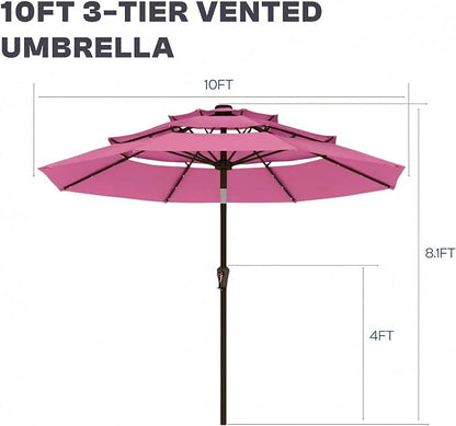 10ft 3 Tier Patio Umbrella, Outdoor Market Table Umbrella with UPF 50+ Vented Canopy, 8 Sturdy Ribs, Easy Push Button Tilt and Crank, Windproof for Deck, Pool, Backyard and Garden
