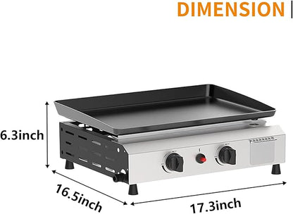 2 Burner BBQ Gas Griddle, 17.3 Inch Stainless Steel Portable Detachable Propane Griddle, 20,000 BTU Flat Top Barbecue Grill for Camping