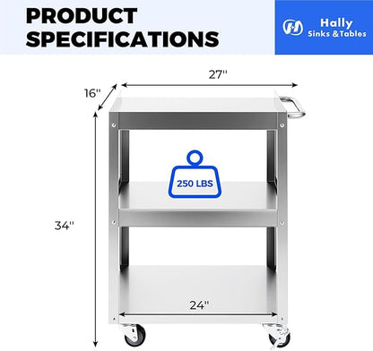 Hally Stainless Steel Utility Cart 3 Tier NSF Rolling Carts 24" Lx16 Wx34 H | Commercial Heavy Duty Metal Mobile Food Cart, with Handle and Wheels, for Kitchen, Restaurant, Hospital, Laboratory and Home