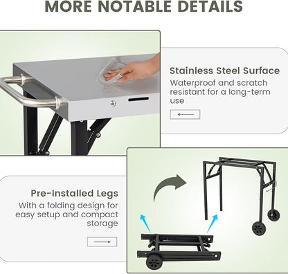 GOFLAME 3-Shelf Outdoor Grill Dining Cart, Movable Food Prep Cart Table with Adjustable Shelf, Stainless Steel Table Top, Kitchen Cart Island Table on 2 Wheels, Heavy Duty BBQ Flattop Worktable