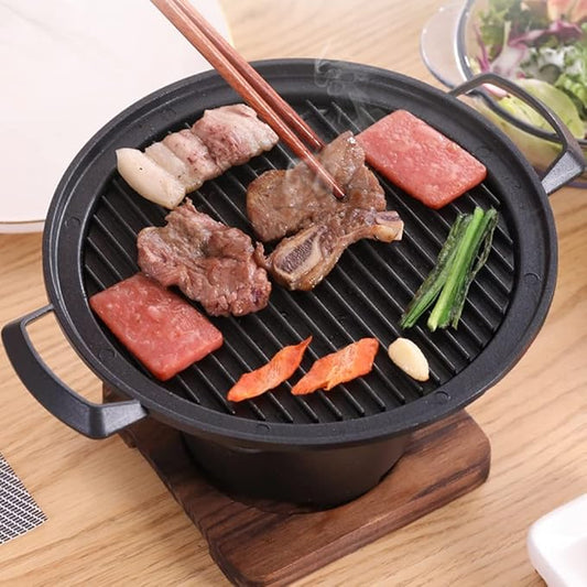 Charcoal Grill with Non-Stick Baking pan, Indoor Mini Barbecue Grill, with Wooden Base for Picnic Garden Balcony Camping (Black 17.8 * 12cm)