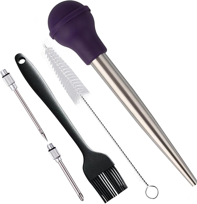 Turkey Baster Set 5, 18/8 Stainless Steel Turkey Baster Syringe for Cooking Meat Injector Baster Set&2 Needles&2 Cleaning Basting Brush, Baster for Flavor Meat Poultry, Beef&Chicken Ect Purple
