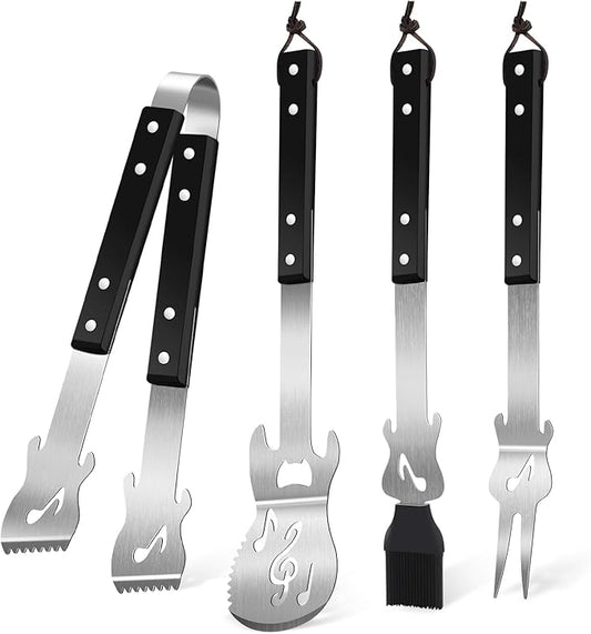 Jingmore 4 Pcs Guitar Gifts for Dad Men Father's Day Grill BBQ Guitar Gift Spatula Tong Fork Heavy Duty Stainless Steel Barbecue Utensils Grilling Accessories Set for Music Lover Enthusiast Birthday