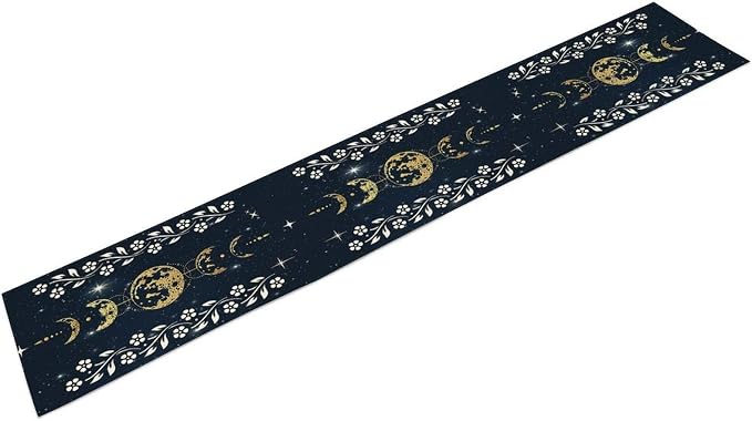 Cotton Linen Table Runner Moonlit Garden Kitchen Full Moon Starry Sky Colorful Boho Floral Flower Rectangle Table Collection Table Setting Decorations for Dinner Wedding Birthday Party 13x108 Inch