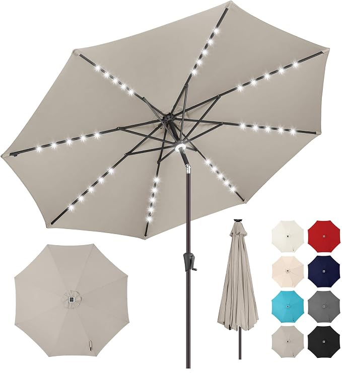 Solar Patio Umbrella with Centre Light, 10 ft Taupe | 40 LED Lights, UV Protection, Solar Outdoor Umbrella for Porch, Deck, Pool, Table, Garden, Provides Evening Lighting