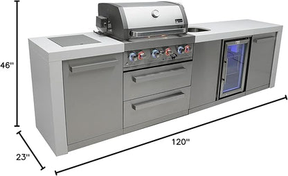 Mont Alpi Premium 120"W x 23"D x 46"H Deluxe Stainless Steel Outdoor Kitchen Island with Fridge Faucet & Sink Combo + 32"W 4-Burner BBQ Grill + Granite Countertops + Storage + Rotisserie Kit + Cover