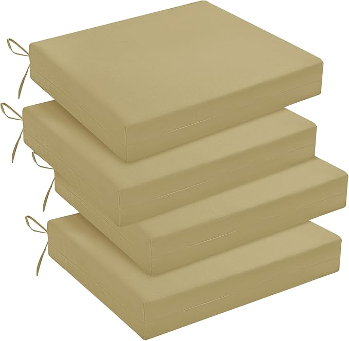 downluxe Outdoor Chair Cushions Set of 4 for Patio Furniture, Water-Resistant Square Corner Patio Chair Cushions with Ties, High Density Foam Outdoor Seat Cushion, 18.5" X 16" X 3", Khaki