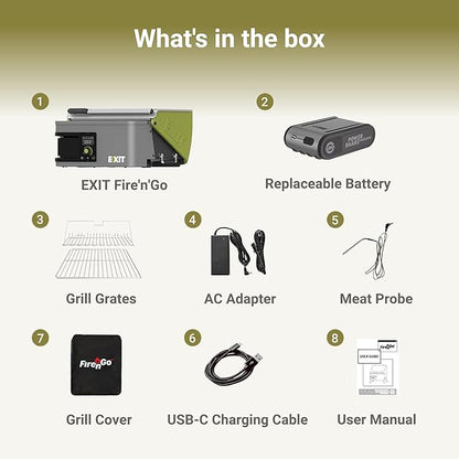 EXIT Fire'n'Go Portable Grill Smoker & EXIT Tire Inflator Portable Air Compressor with Power Share Freedom Battery